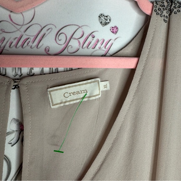 Cream dress bat wing open shoulder cold shoulder sparkly sequin tan flowy luxe - Picture 11 of 11